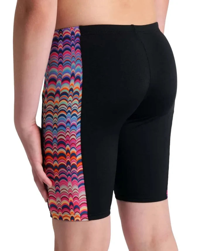 Arena Boys Ondulation swim jammer in black, multi-color, and violet with a sleek, fitted design for competitive swimming.