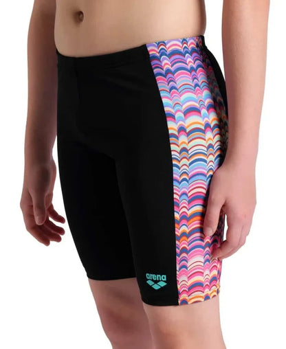 Arena boys' ondulation swim jammer in black, multi, and violet with a sleek, fitted design for competitive swimming.