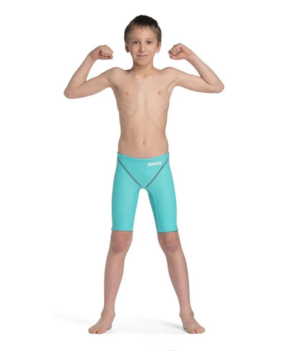 Arena Boys Powerskin ST Next Jammer in aquamarine, showcasing a sleek swim jammer designed for young swimmers.