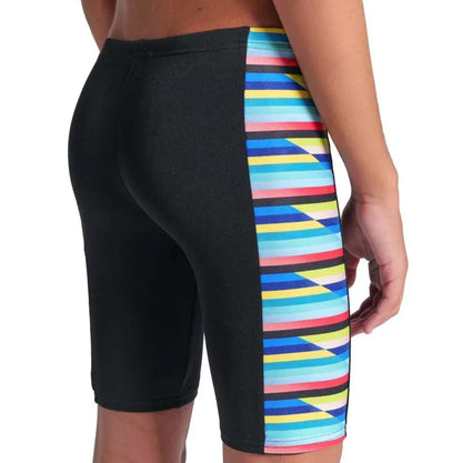 Arena boys' racing stripe swim jammer in black with multi-colored racing stripes, designed for competitive swimming.
