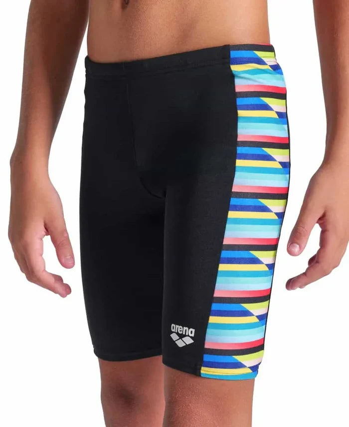 Arena Boys racing stripe swim jammer in black and multi-color, featuring sporty design and comfortable fit for swimming.