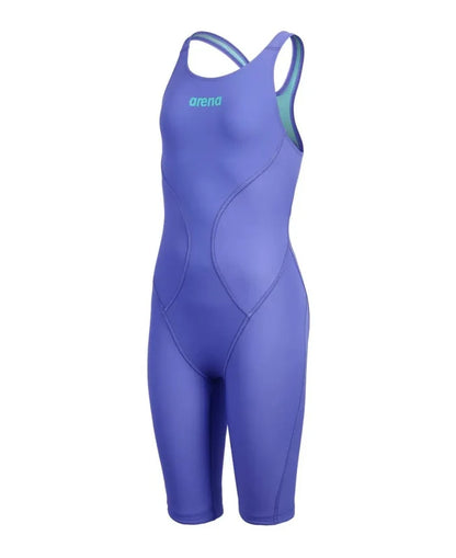 Arena Girls Powerskin Impulso Kneesuit in Future Dusk, close-up showing sleek blue and black design with textured fabric for swimming.