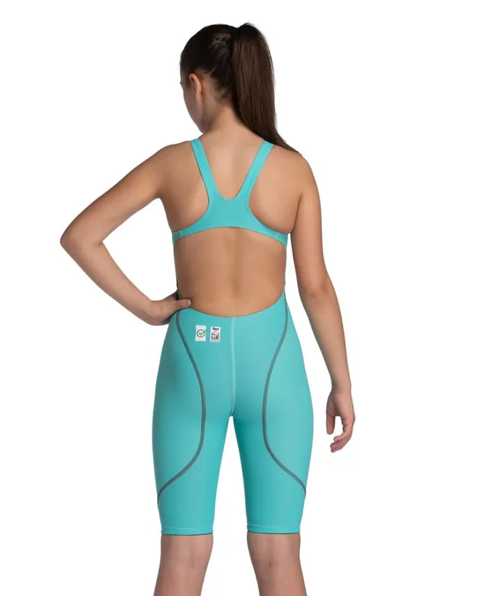 Arena Girls Powerskin ST Next kneesuit in aquamarine, featuring a sleek design and durable fabric for competitive swimming.
