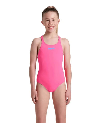 Arena girls' solid Team Swim Pro swimsuit in shocking pink and blue river, featuring a sleek, comfortable design for young swimmers.