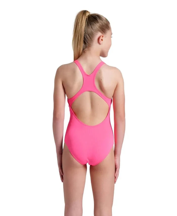 Arena Girls Solid Team Swim Pro swimsuit in shocking pink and blue river, featuring a sleek, supportive design for young swimmers.