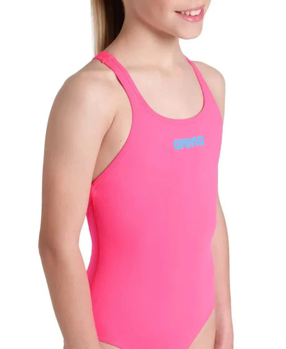 Arena girls' solid Team Swim Pro swimsuit in shocking pink and blue river, featuring a sleek, durable design for competitive swimming.