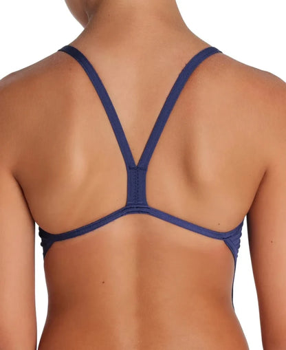 Arena Girls Team Challenge solid navy swimsuit, durable and comfortable for swimming and training, featuring a sleek design.