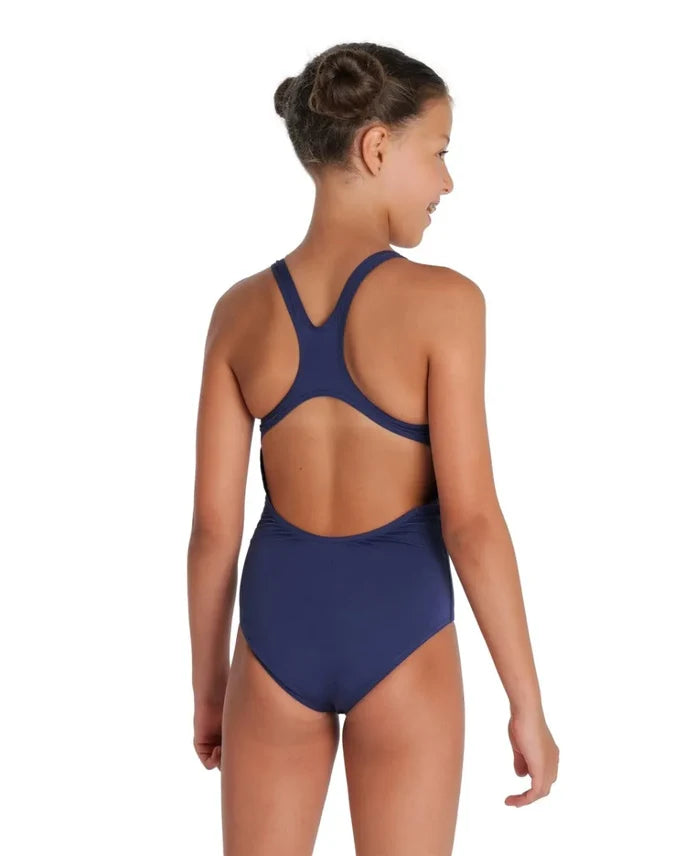 Arena Girls Team Swim Pro solid swimsuit in navy blue, designed for girls' swim training and competitions.