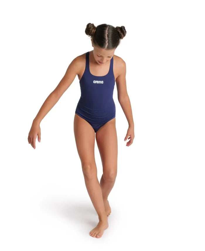 Arena girls’ navy blue Team Swim Pro solid swimsuit, designed for swimming and training, with a sleek, comfortable fit.