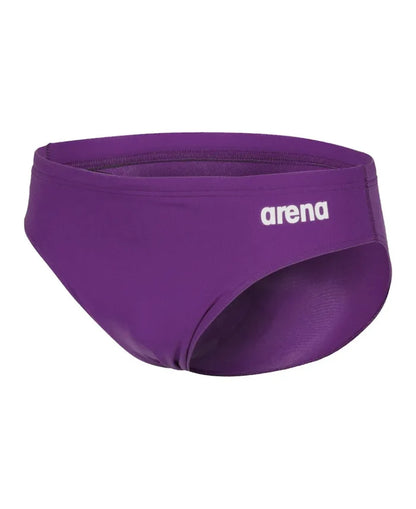 Arena men's solid team swim briefs in plum and white, featuring a snug fit and lightweight fabric for competitive swimming.