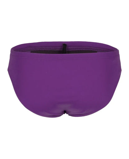 Arena men's solid team swim briefs in plum and white, featuring a comfortable fit and classic design for competitive swimming.