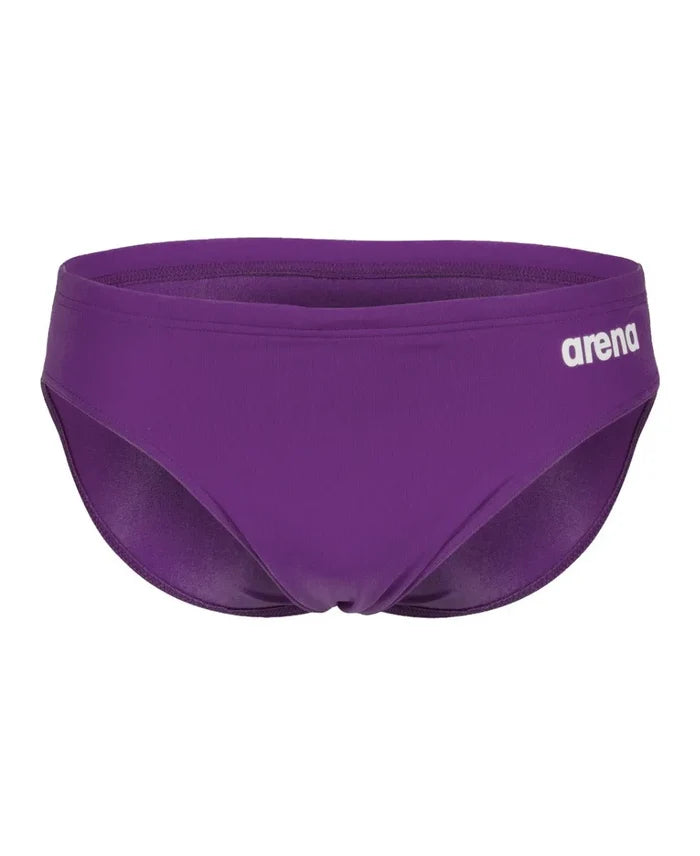 Arena men's solid team swim briefs in plum and white, featuring a snug fit and quick-dry fabric for competitive swimming.