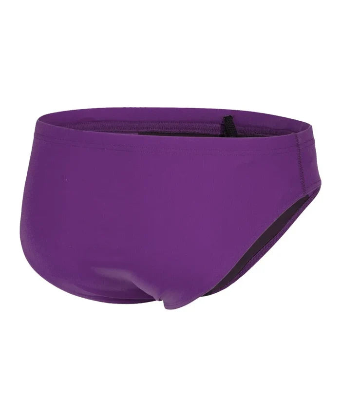 Arena men's solid team swim briefs in plum and white, featuring a snug fit and elastic waistband for competitive swimming.