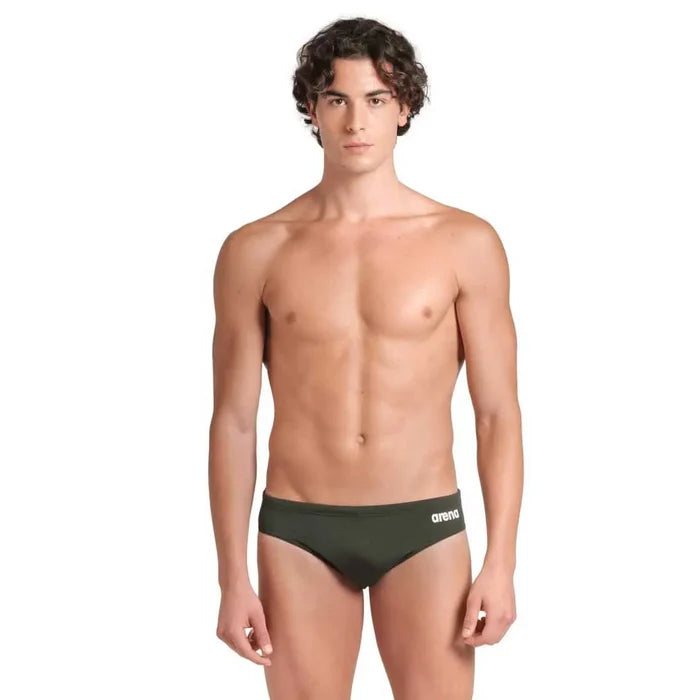 Arena men's team solid swim briefs in dark sage and white, featuring a snug fit and durable fabric for competitive swimming.