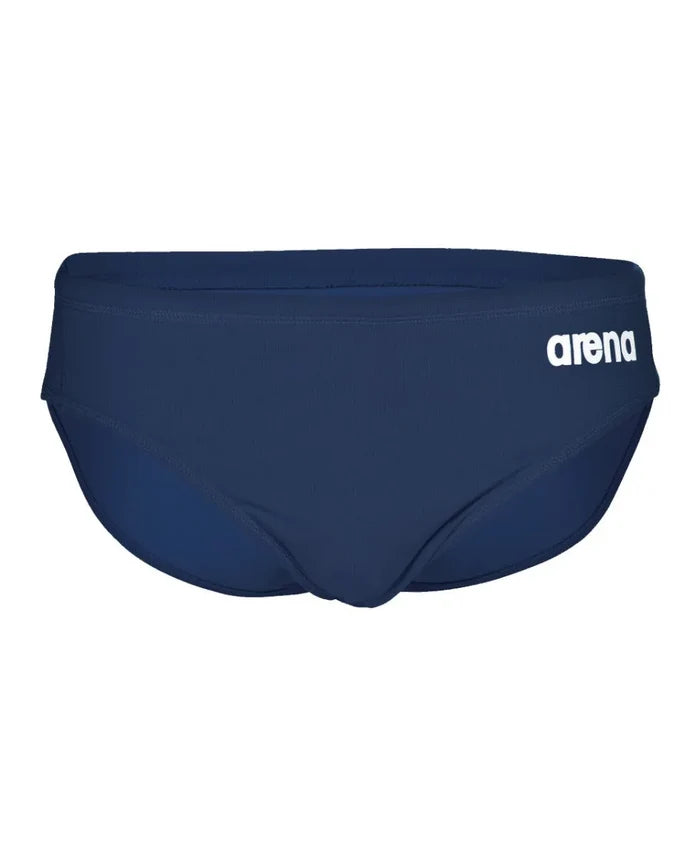 Navy blue Arena men's team swim briefs with a solid design, made for competitive swimming and water sports.