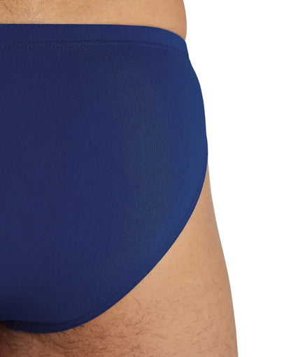 Arena men's navy blue swim briefs with a solid design, featuring a comfortable fit for team swimming or training.