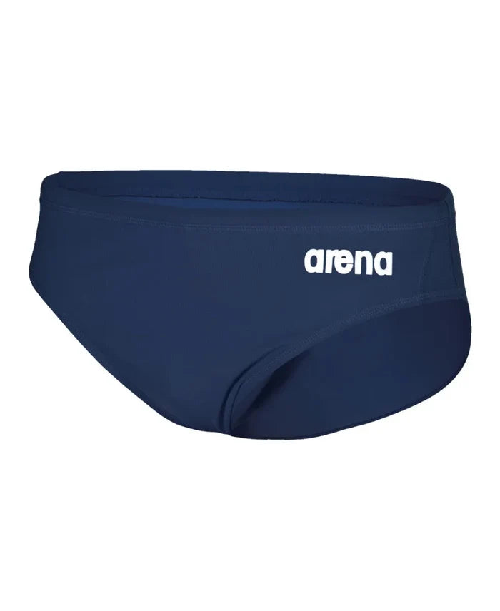 Arena men's team swim solid briefs in navy blue, stretchy and comfortable swimwear for competitive or casual swimming.