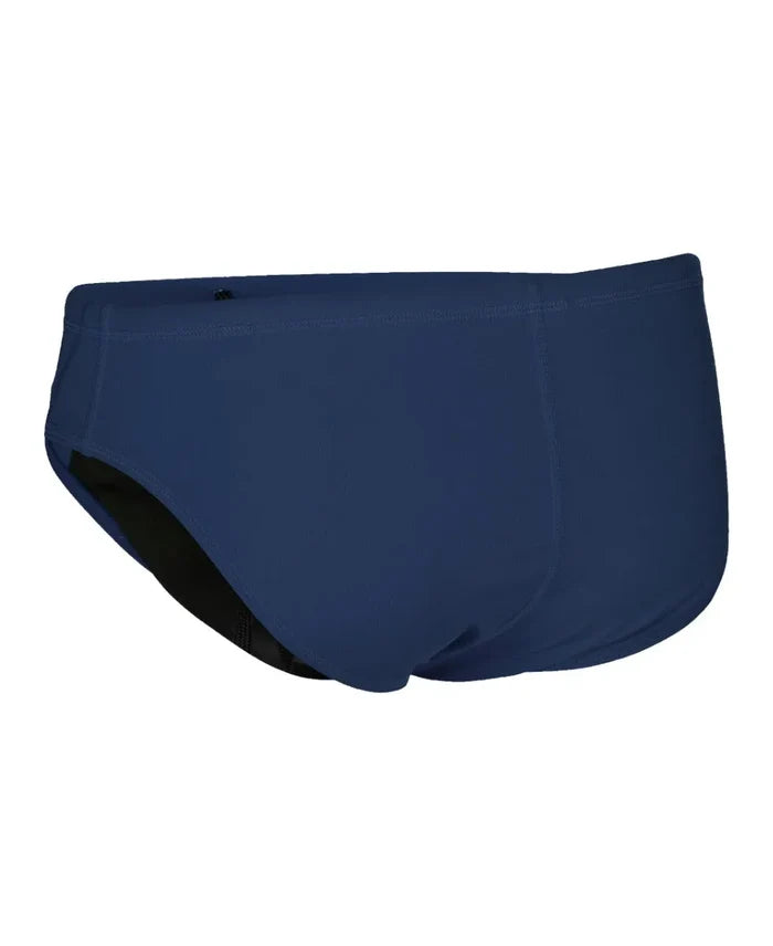 Navy blue Arena men's team swim briefs with a solid design, featuring the Arena logo on the front.