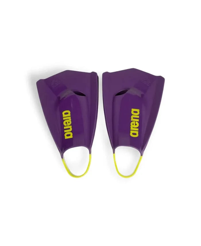 Arena Powerfin Pro II training fin in plum and lime, designed for swimming training, with a sleek fin shape and adjustable strap.