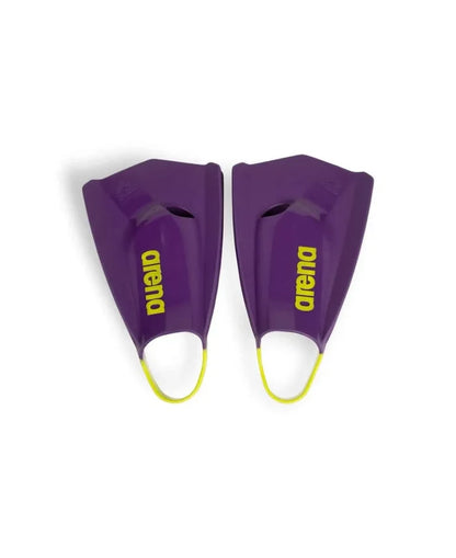 Arena Powerfin Pro II training fin in plum and lime, designed for swimming training, with a sleek fin shape and adjustable strap.