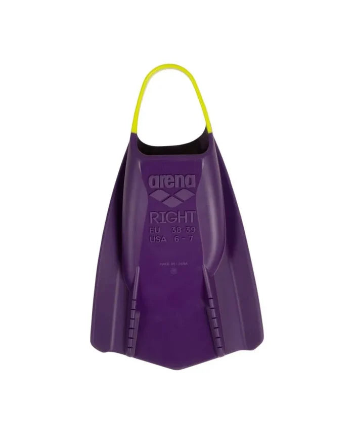 Arena Powerfin Pro II training fins in plum and lime color, designed for swimming training and performance.