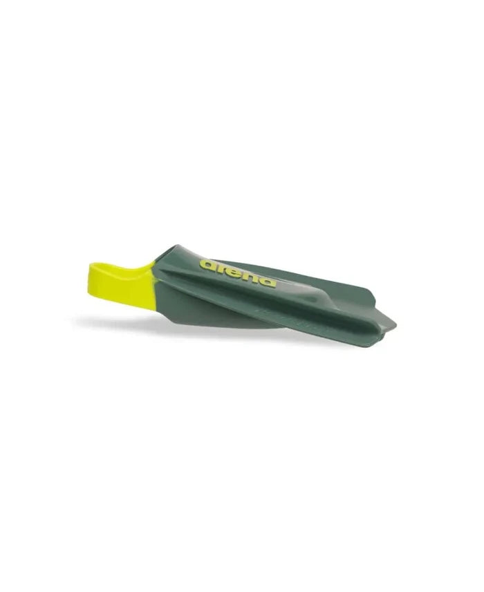 Arena Powerfin Pro II training fins in sage and lime, black adjustable straps, designed for swimming training and performance.