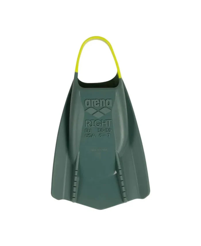 Arena Powerfin Pro II training fins in sage and lime, designed for swimming and water training, with adjustable foot pockets.