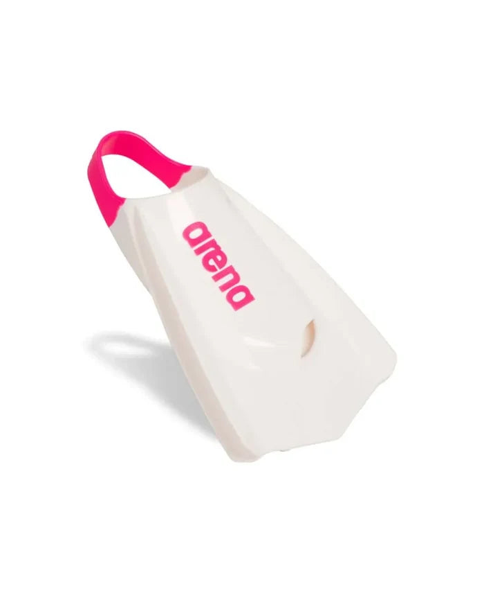 Arena Powerfin Pro II training fins in white and pink, designed for swimming practice and performance enhancement.