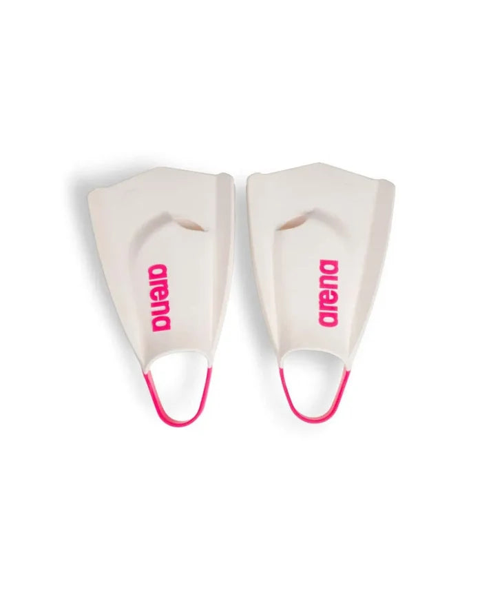 Arena Powerfin Pro II training fins in white and pink, designed for swim training and technique improvement.