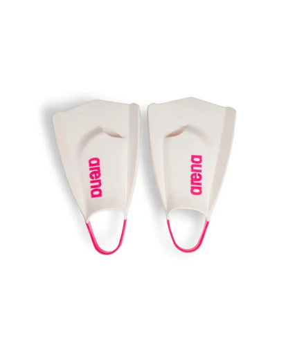 Arena Powerfin Pro II training fins in white and pink, designed for swim training and technique improvement.