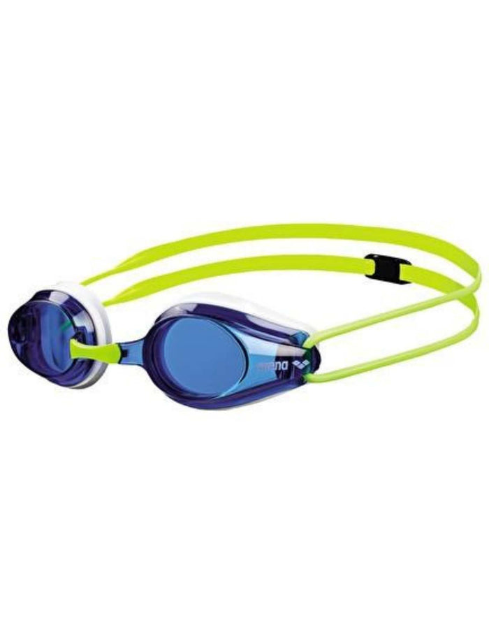 Arena Tracks Junior swim goggles with blue lenses and neon green straps