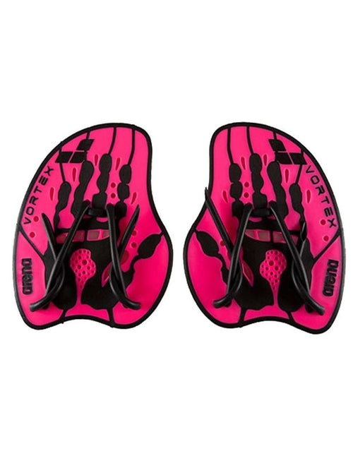Pink and black Arena Vortex Evolution hand paddles with textured grip