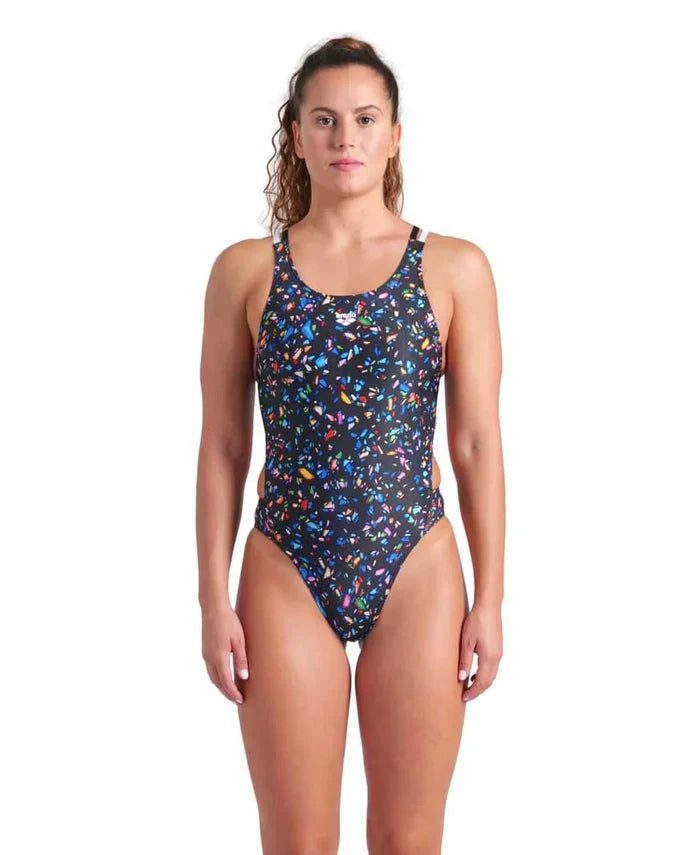 Arena women's Confetti Swim Tech multi-back swimsuit in black and multicolor, featuring a sleek design and supportive fit.
