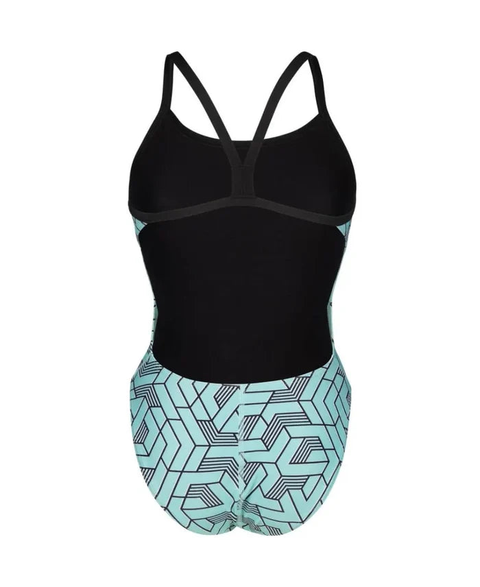 Arena women's Escape Challenge back swimsuit in black, water blue, and multi, featuring a sleek design and supportive fit.