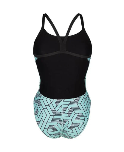 Arena women's Escape Challenge back swimsuit in black, water blue, and multi, featuring a sleek design and supportive fit.
