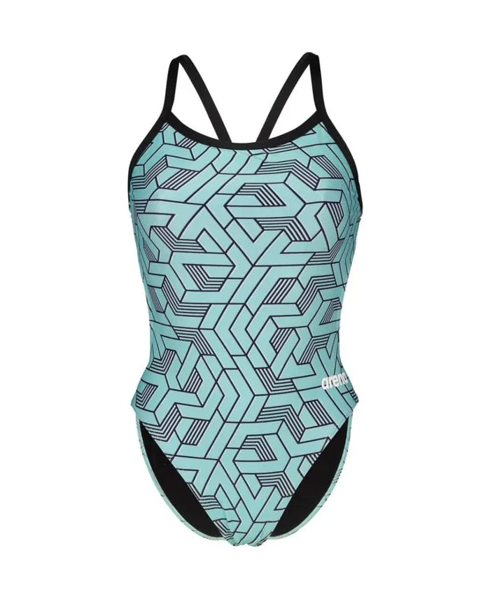 Arena women's Escape Challenge back swimsuit in black, water blue, and multi-color, designed for competitive swimming.