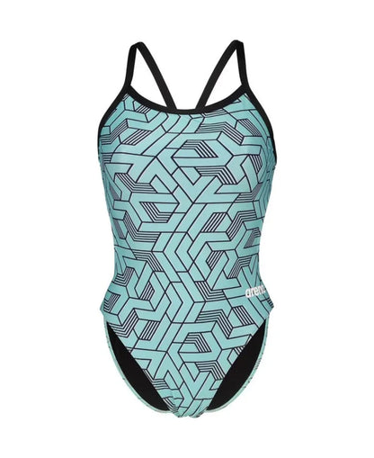 Arena women's Escape Challenge back swimsuit in black, water blue, and multi-color, designed for competitive swimming.