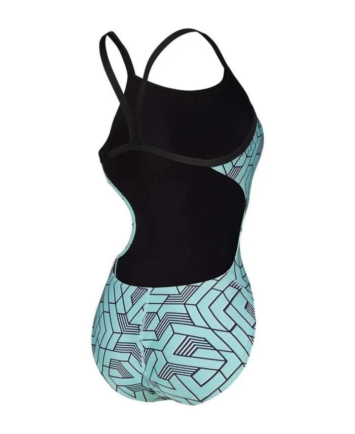 Arena women's Escape Challenge back swimsuit in black, water blue, and multi, featuring a sleek design and supportive fit.