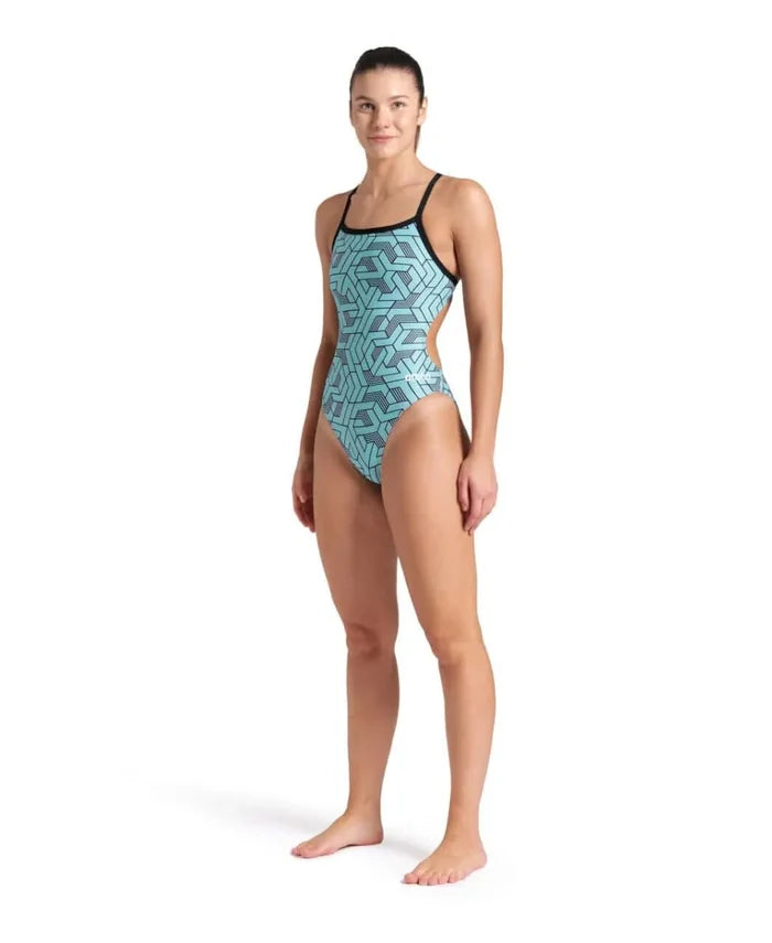 Arena women's Escape Challenge back swimsuit in black, water blue, and multi-color, featuring a sleek, supportive design for swimming.