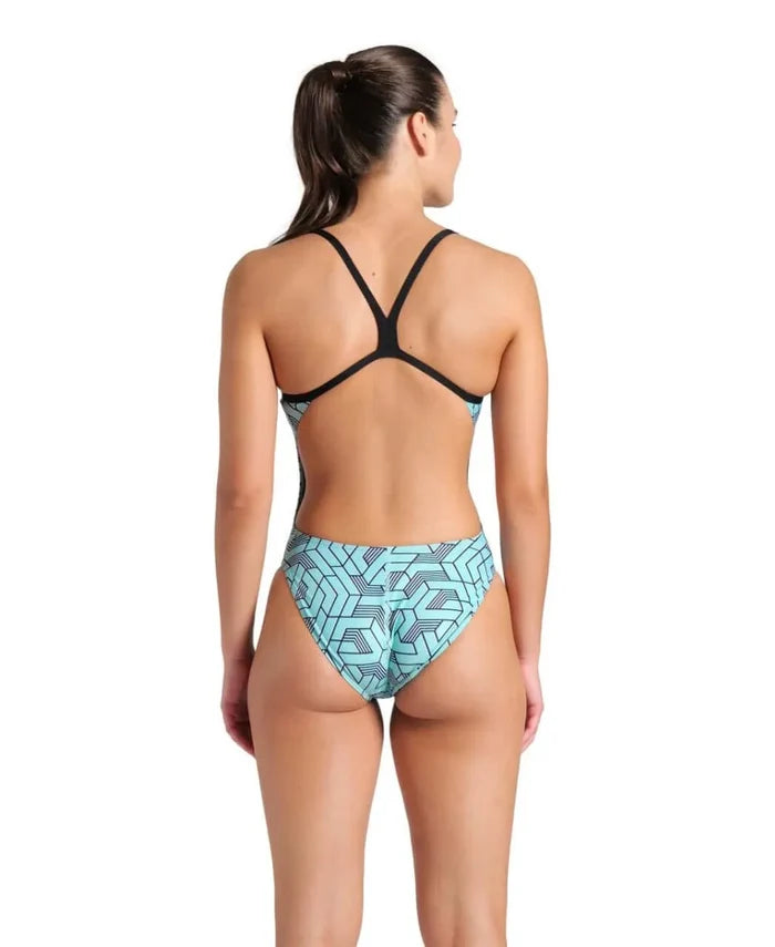 Arena women's Escape Challenge back swimsuit in black, water blue, and multi colors, featuring a sleek design and supportive fit.