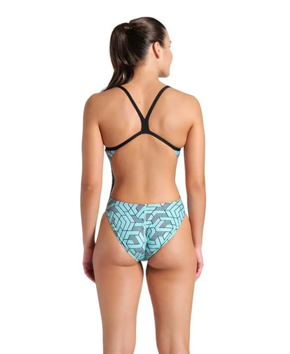 Arena women's Escape Challenge back swimsuit in black, water blue, and multi colors, featuring a sleek design and supportive fit.