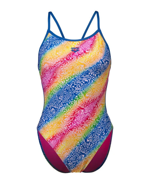 Arena women's printed lace-back swimsuit in multi-color, featuring a stylish design and comfortable fit for swimming and beachwear.
