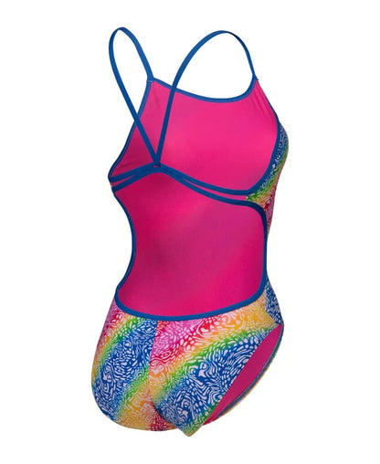 Arena women's printed lace-back swimsuit in multi-color, featuring a stylish design with a lace-back detail and comfortable fit.