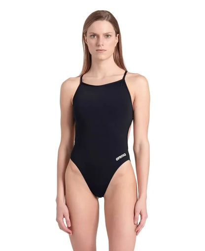 Black Arena women's solid lace-back swimsuit with sleek design, perfect for swimming and beachwear.