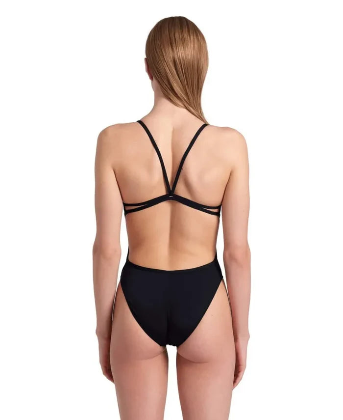 Black Arena women's solid lace-back swimsuit, featuring a sleek design and supportive fit, ideal for swimming and beachwear.