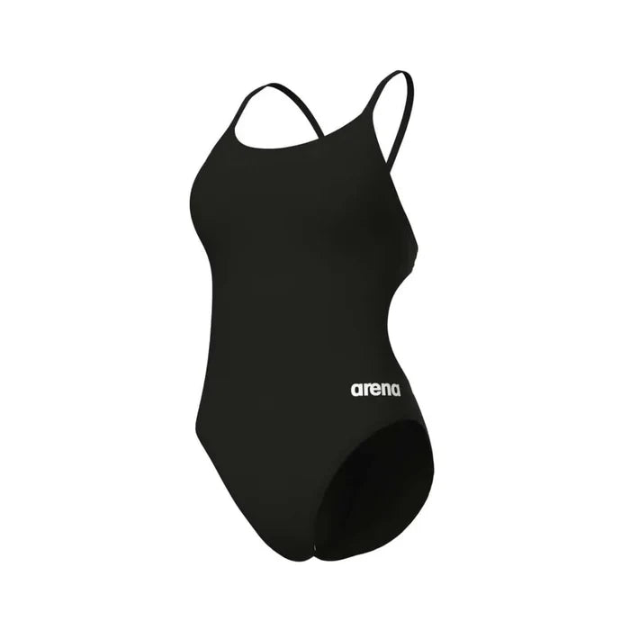 Black Arena women's solid lace-back swimsuit with a sleek design, perfect for swimming and beachwear.