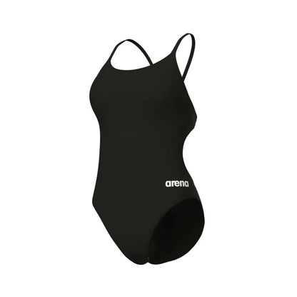 Black Arena women's solid lace-back swimsuit with a sleek design, perfect for swimming and beachwear.