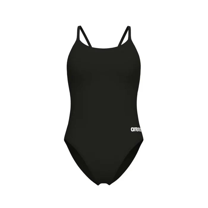 Black Arena women's solid lace-back swimsuit with stylish design, suitable for swimming and beachwear.