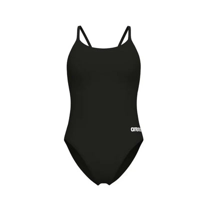 Black Arena women's solid lace-back swimsuit with stylish design, suitable for swimming and beachwear.
