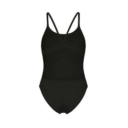 Black Arena women's solid lace-back swimsuit with stylish design and comfortable fit, perfect for swimming and beachwear.